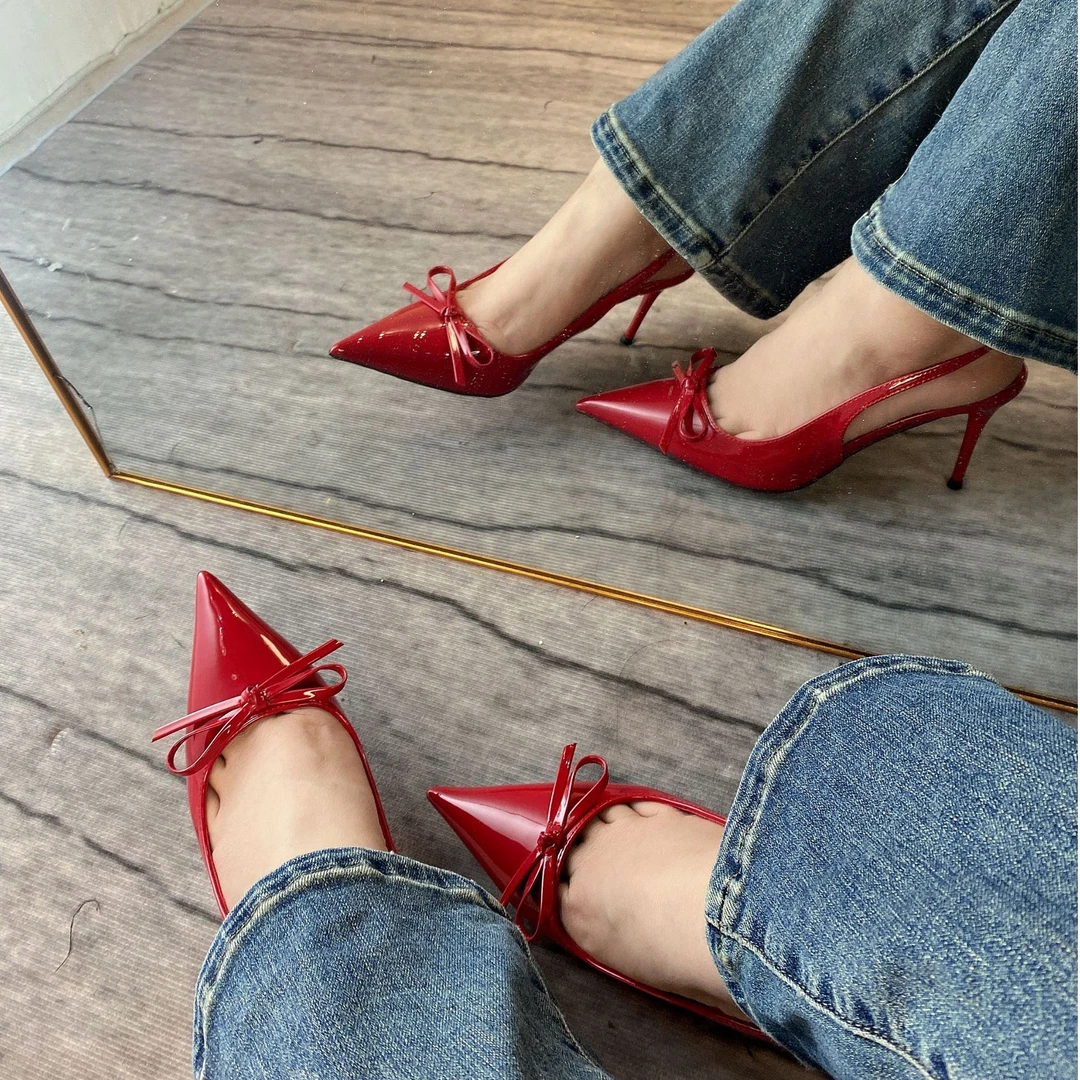 春季气质尖头时装凉鞋单鞋高跟粗跟法式蝴蝶结浅口尖头细跟结婚鞋