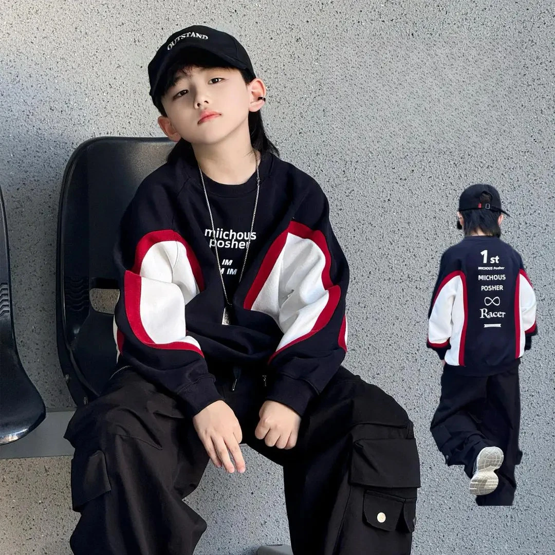 儿童卫衣秋装男童上衣2025秋季新款洋气黑红白字母宽松圆领打底衫