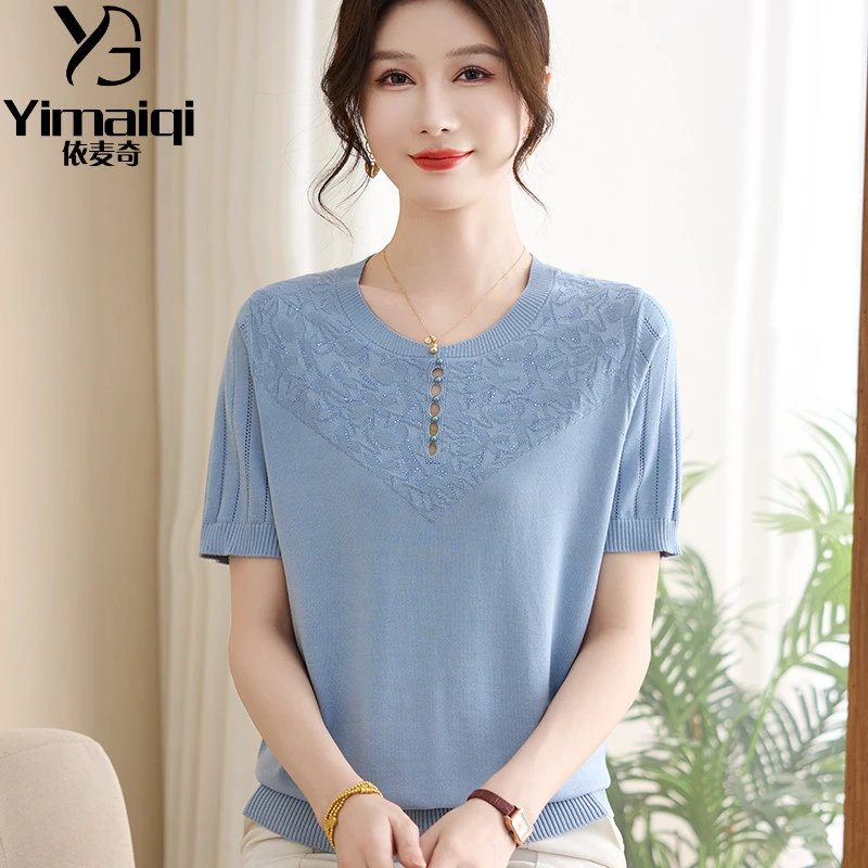 气质圆领夏季妈妈装舒适减龄短袖针织衫中老年夏装时尚纯色T恤衫