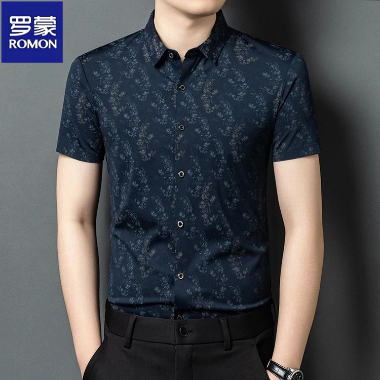 罗蒙冰丝男士短袖衬衫夏季休闲百搭潮流印花翻领半袖商务衬衣