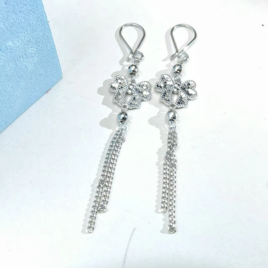 PT950铂金耳饰 鱼鳞在逃公主蝴蝶结流苏铂金耳钩约6cm 时尚气质