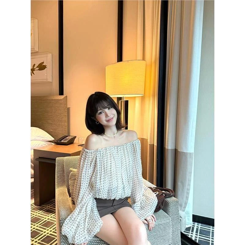 一字肩长袖宽松衬衫女夏季短款露肩设计百搭衬衣纯欲风雪纺衫上衣