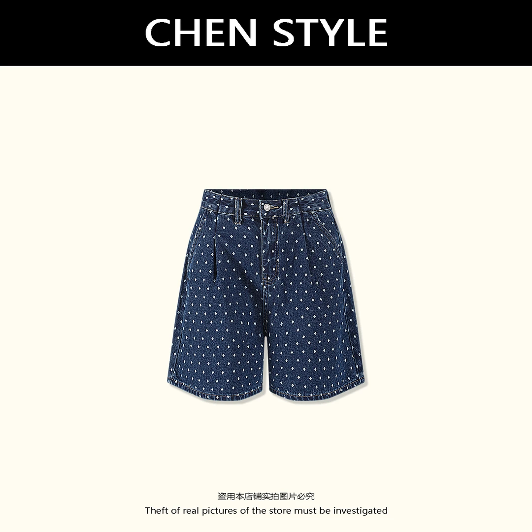 楚楚君【蓝调波点】夏季蓝色 波点直筒百搭牛仔短裤K63553