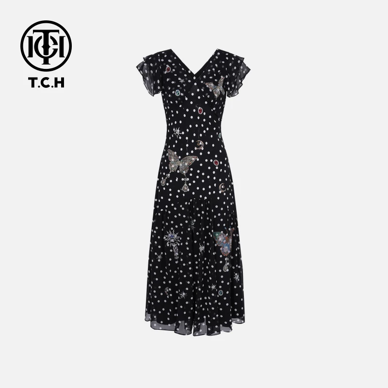 TCH烫钻工艺新时尚淑女百搭潮流连衣裙女T75B30E5205轻奢tch