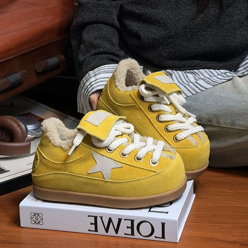 真皮羊羔毛毛鞋卡皮巴拉翻领面包鞋厚底松糕星星加绒棉鞋厚底女鞋