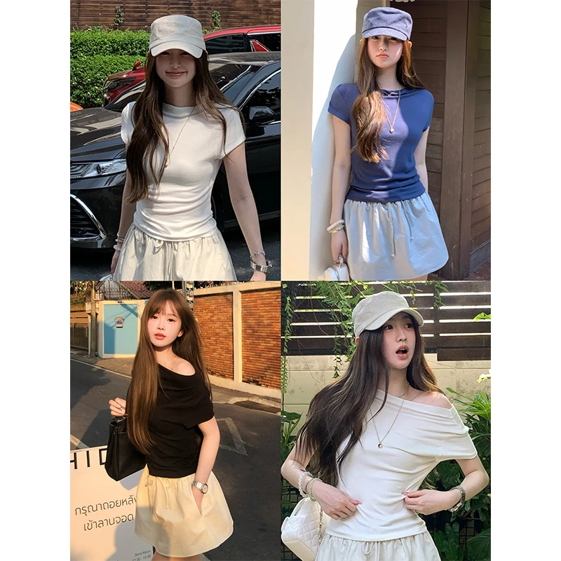 肉完 斜肩收腰瘦瘦tee/ 纸片人显瘦慵懒随意露肩休闲纯色T恤