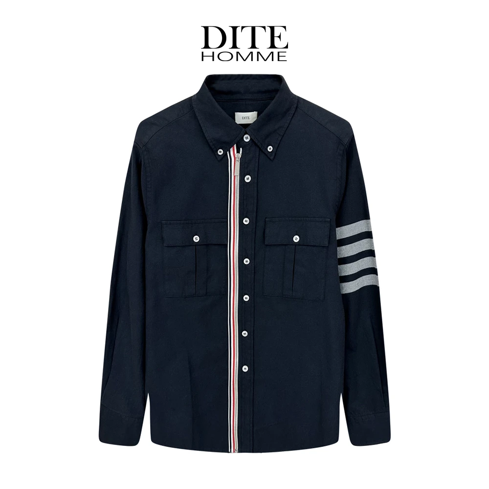 DITE男装 三色条纹工装外套男士拉链休闲百搭宽松纯棉衬衣外套
