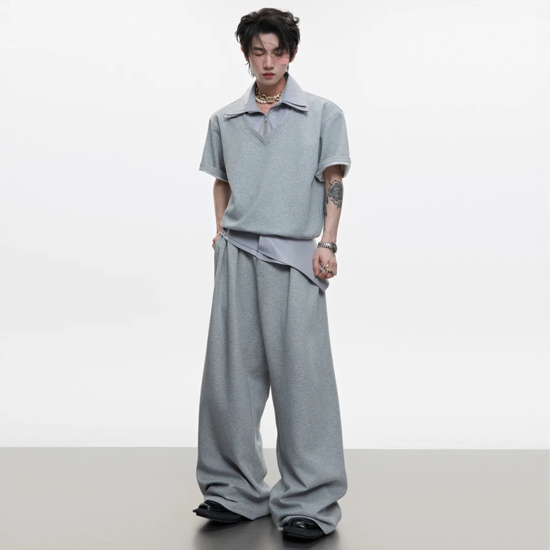 ArguE CulturE 小众假俩件双领设计短袖套装双层皮拼接休闲长裤