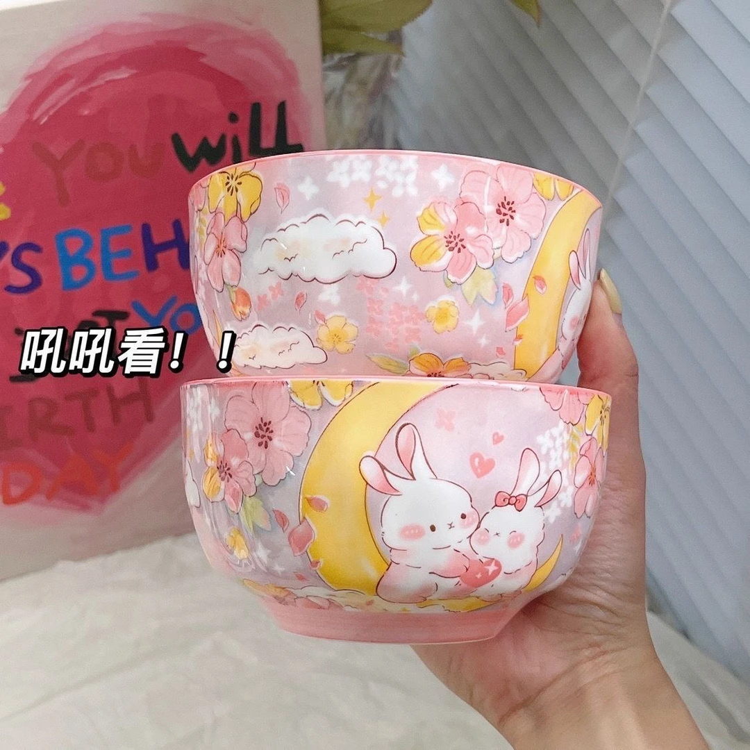 网红可爱少女心碗家用陶瓷碗吃饭碗卡通粉兔garden rabbit米饭碗