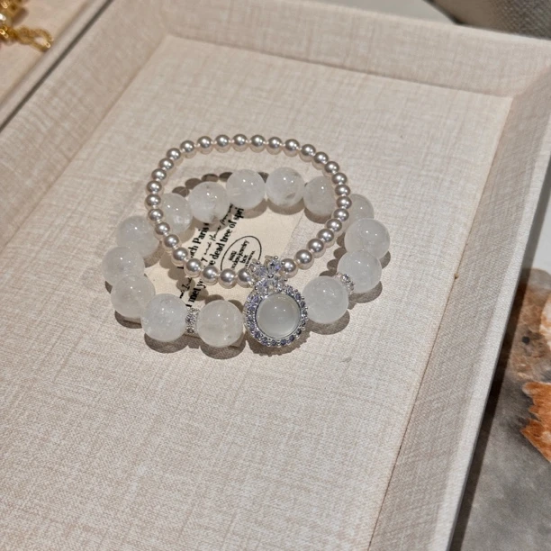 【月光宝盒】天然白幽灵水晶双圈设计轻奢款手链