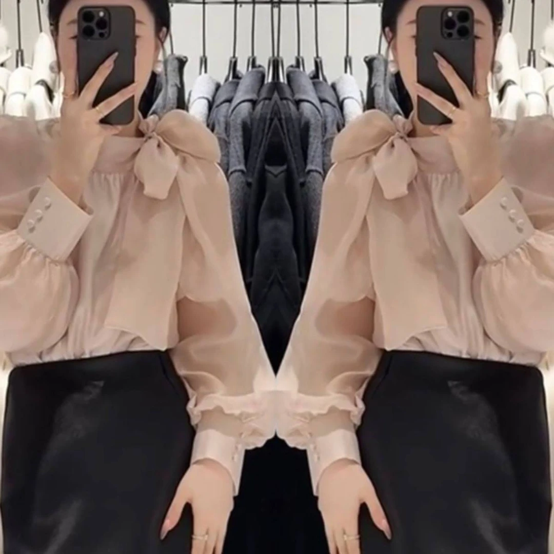2025年早春夏季新款高级感时尚法式设计感系带蝴蝶结气质长袖衬衫