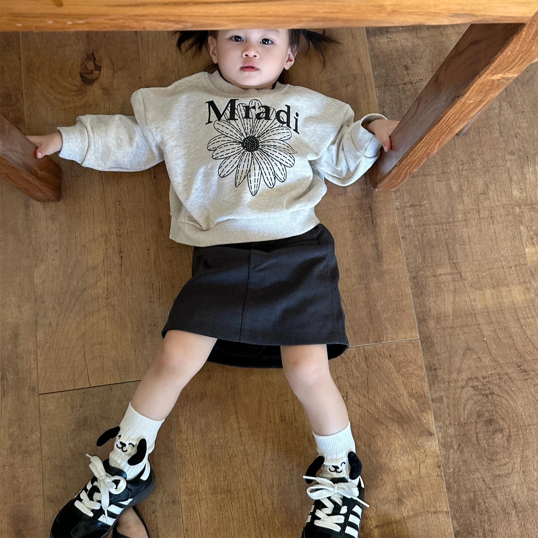 现货】壹妈韩版女童秋季新款套装儿童洋气百搭印花卫衣灰色半身裙