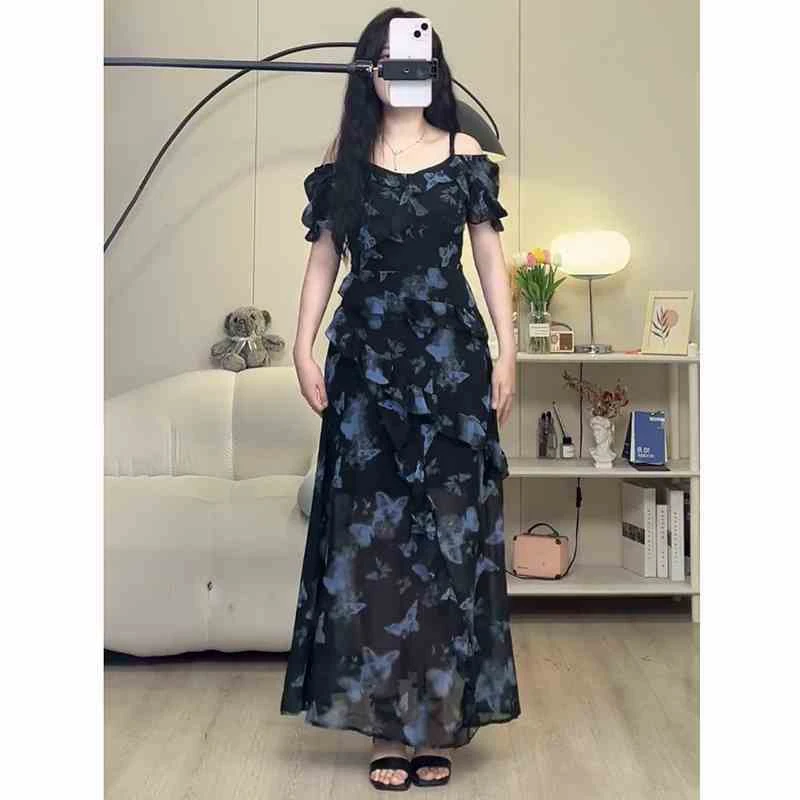 大码女装胖mm清冷感不规则荷叶边蝴蝶印花连衣裙女夏气质显瘦长裙