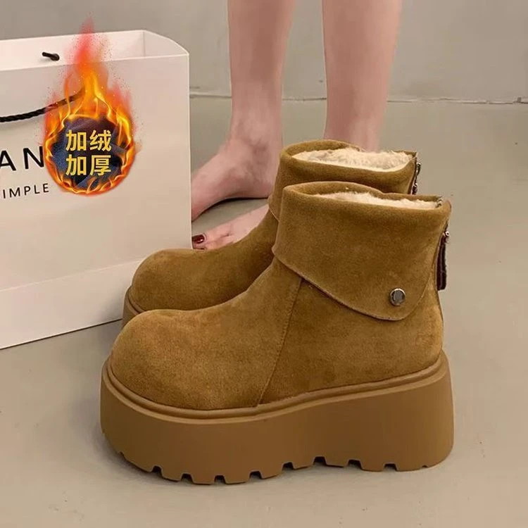 雪地靴韩版圆头厚底增高2025秋冬季新款时尚加绒保暖加厚短筒靴子