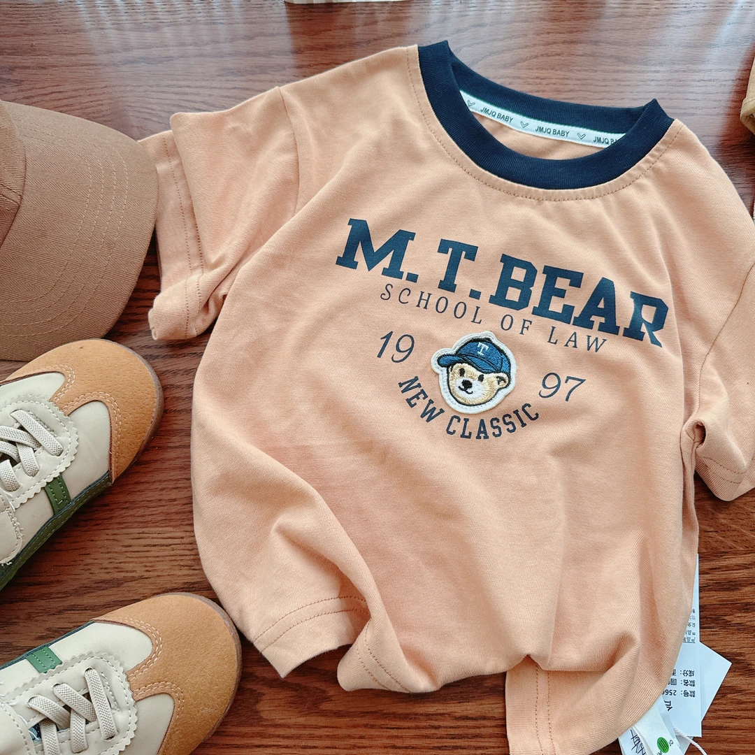 新款【JMJQ 25667】夏季新款儿童印花休闲圆领字母带帽小熊短袖