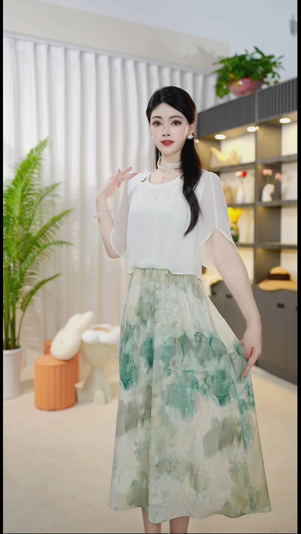 <009>不褪色系带吸汗V领刺绣连衣裙时尚显瘦中长款淡雅夏季