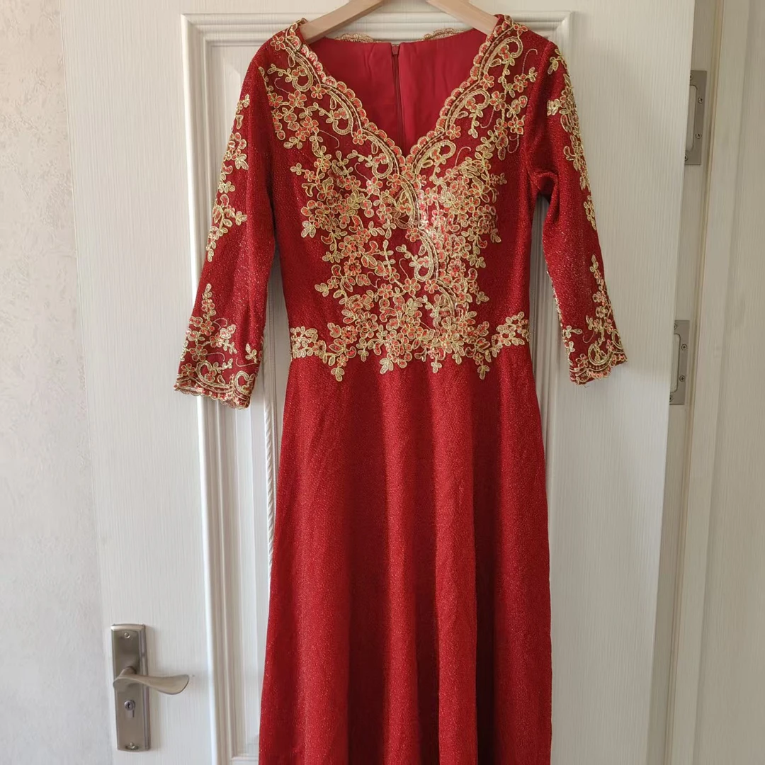 秋冬厚款七分袖V领A字遮肚主持演出晚礼服长裙