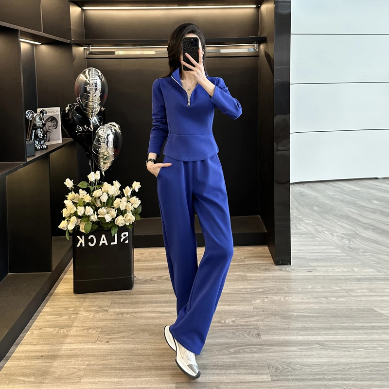欧货休闲运动套装女春秋半拉链套头上衣时尚洋气减龄阔腿裤两件套
