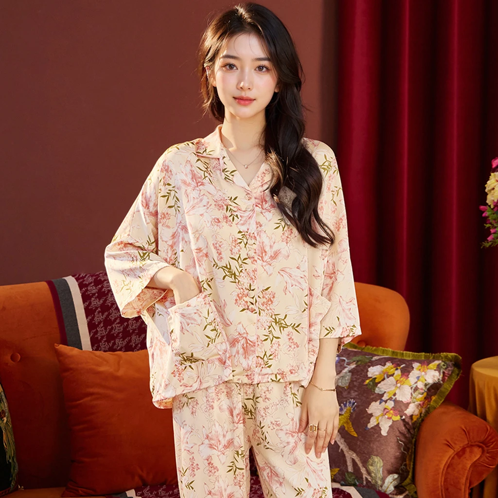 琪琪轻奢【粉色水仙花】柔光软丝夏季女士睡衣宽松三件套家居服K