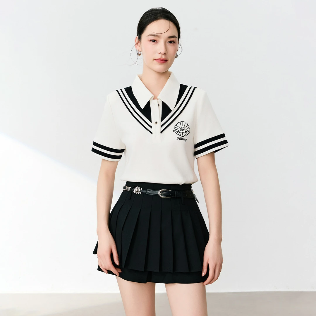 【粉丝专属】减龄百搭小衫女夏季新款撞色拼接学院风海军领短袖上衣