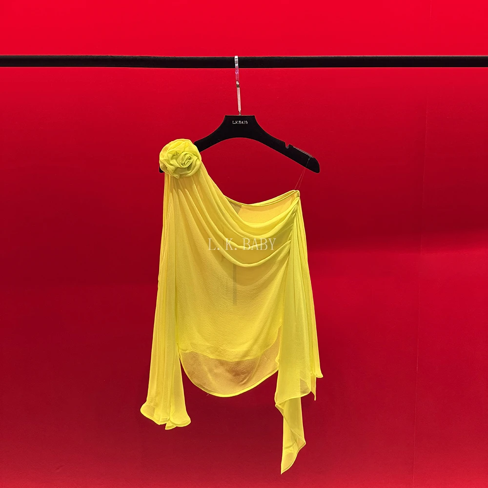 【L.K.BABY】云纱玫瑰  法式纯欲设计感立体花朵褶皱斜肩衫