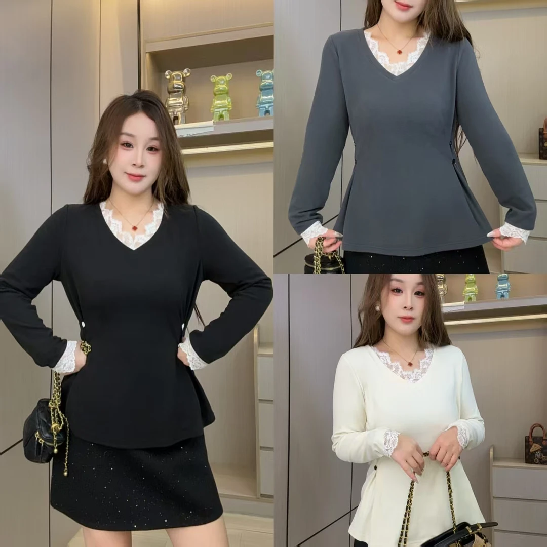 （现货）德绒+加厚绒 83秋冬高级感蕾丝拼接显瘦纽扣收腰韩系打底衫