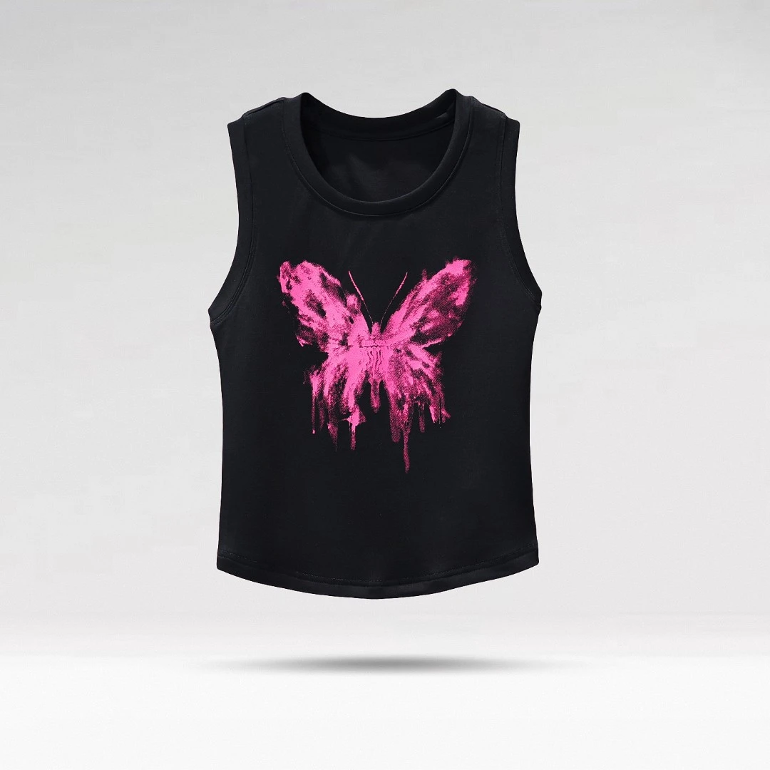 【程二女装】设计师款背心蝴蝶喷绘工字型修身时尚高级背心3886