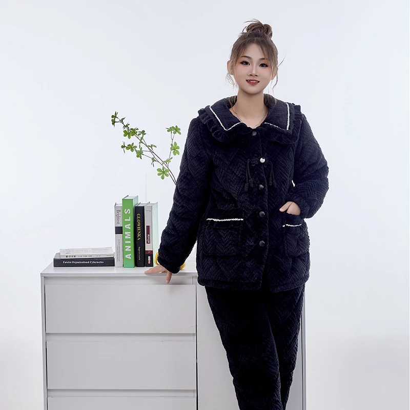 新款冬季7107夹棉睡衣时尚三层夹棉加厚舒适家居服套装加绒保暖