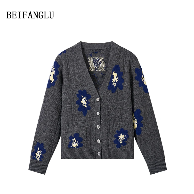 北方鹿100%绵羊毛气质V领太阳花提花针织开衫251466