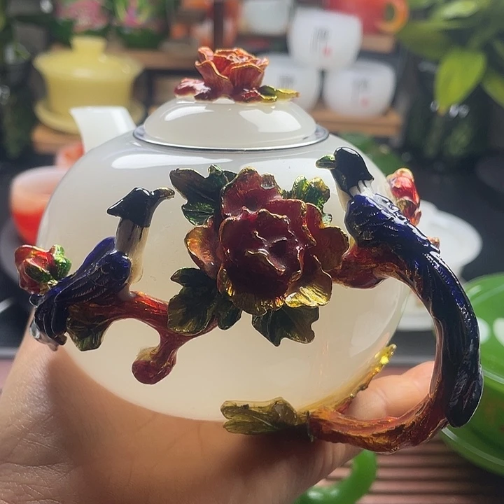 琉璃手工艺品玉瓷琉璃珐琅彩镶嵌茶具套装一壶六个主人杯