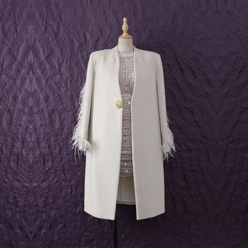 轻奢小众设计名媛气质重工羽毛拼接羊毛呢子单粒扣风衣外套大衣女