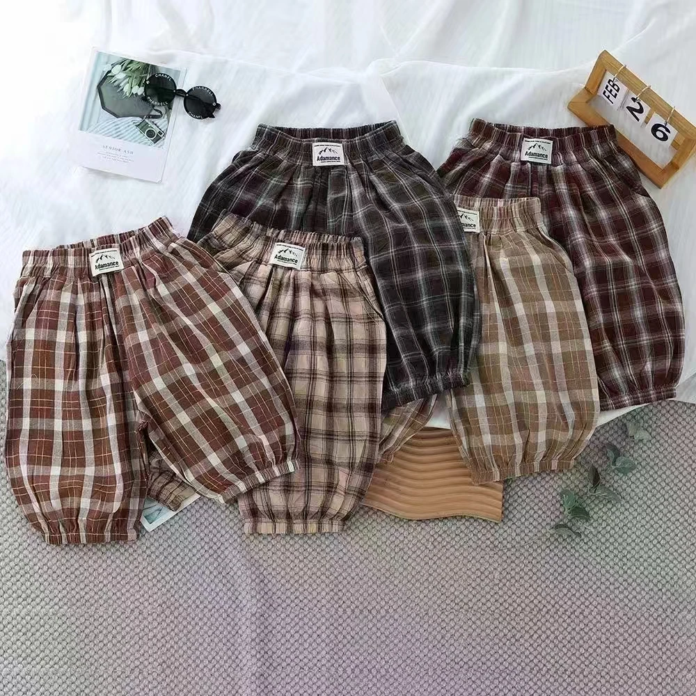 男女宝宝纯棉复古色方格款裤子