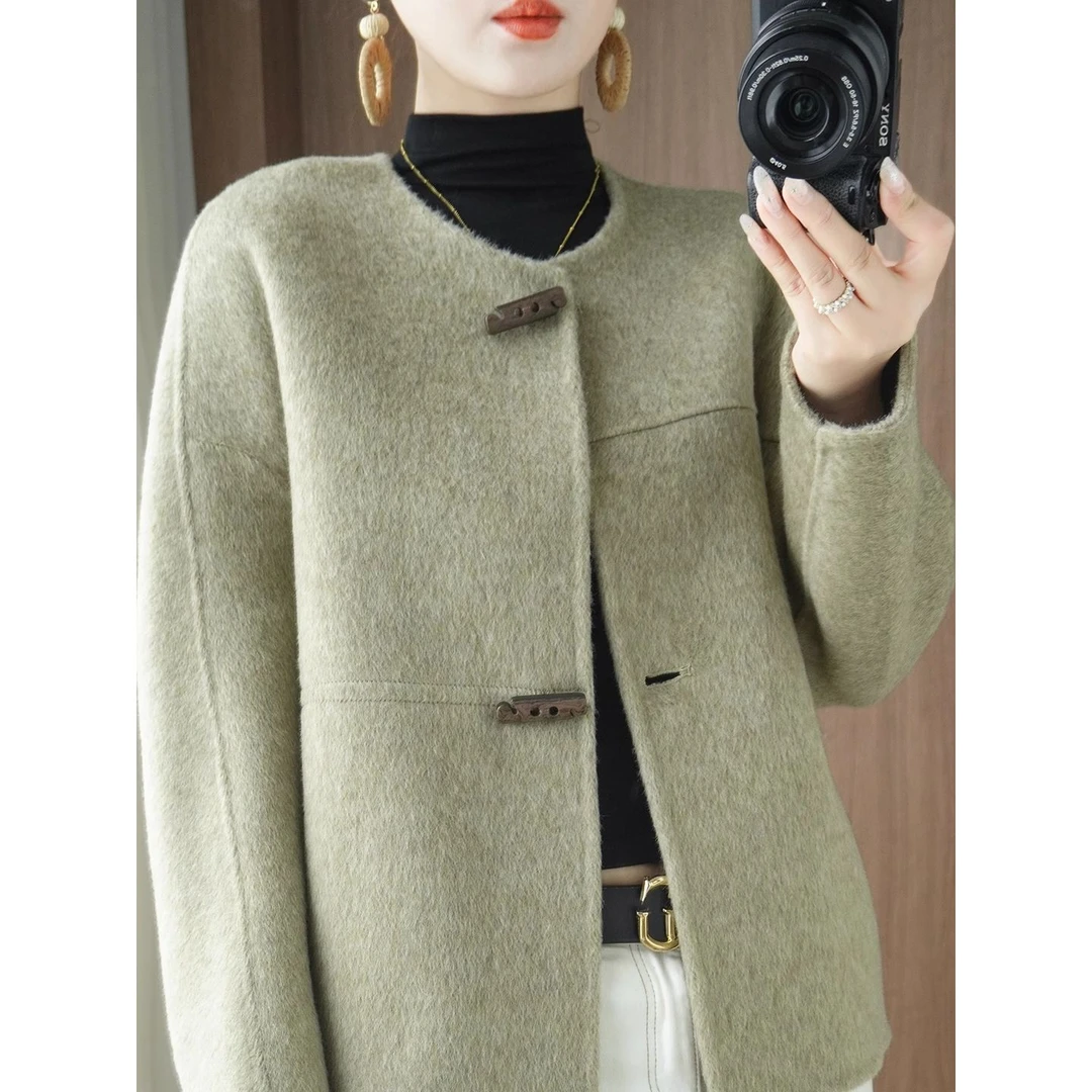 爆款正品双面羊毛大衣女短款小个子圆领小香风纯羊毛毛呢外套