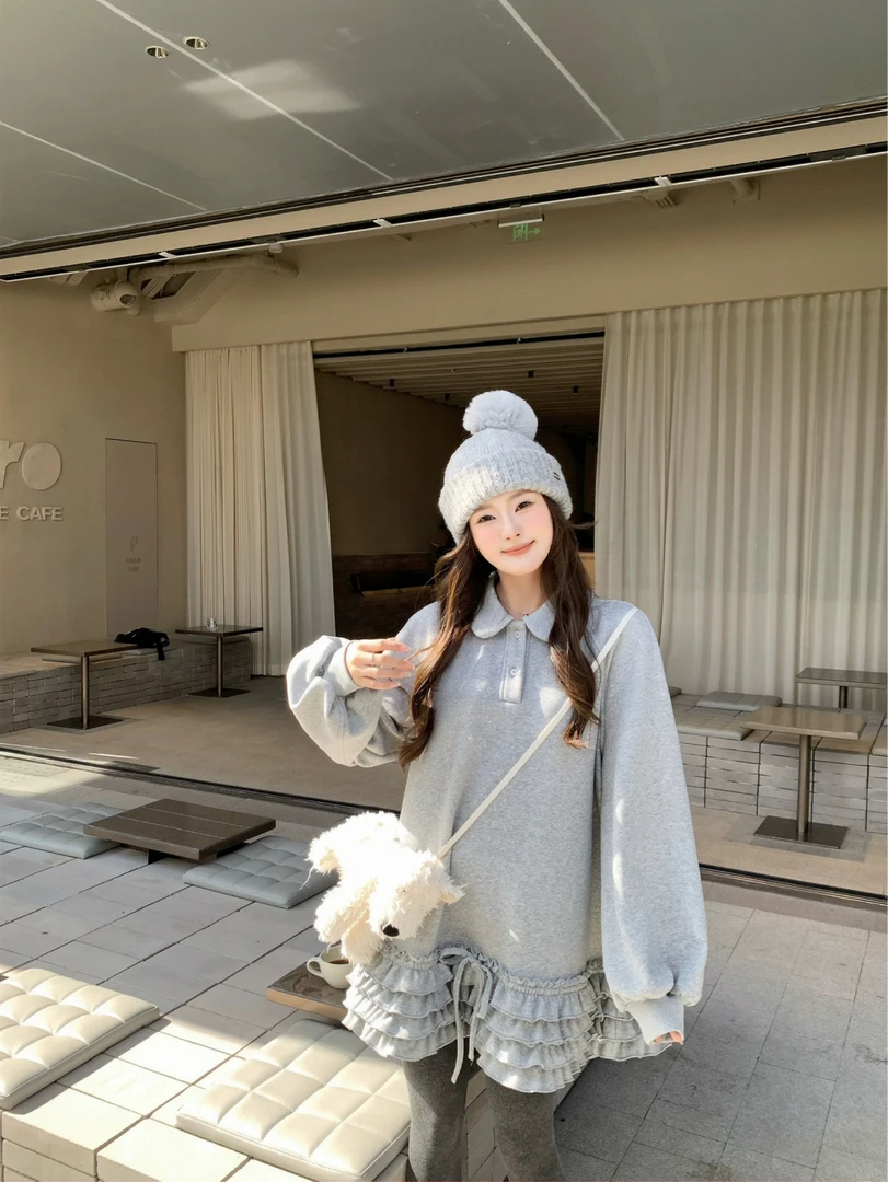 루루가− （德兰花花）韩国东大门加绒加厚花边翻领卫衣裙连衣裙女