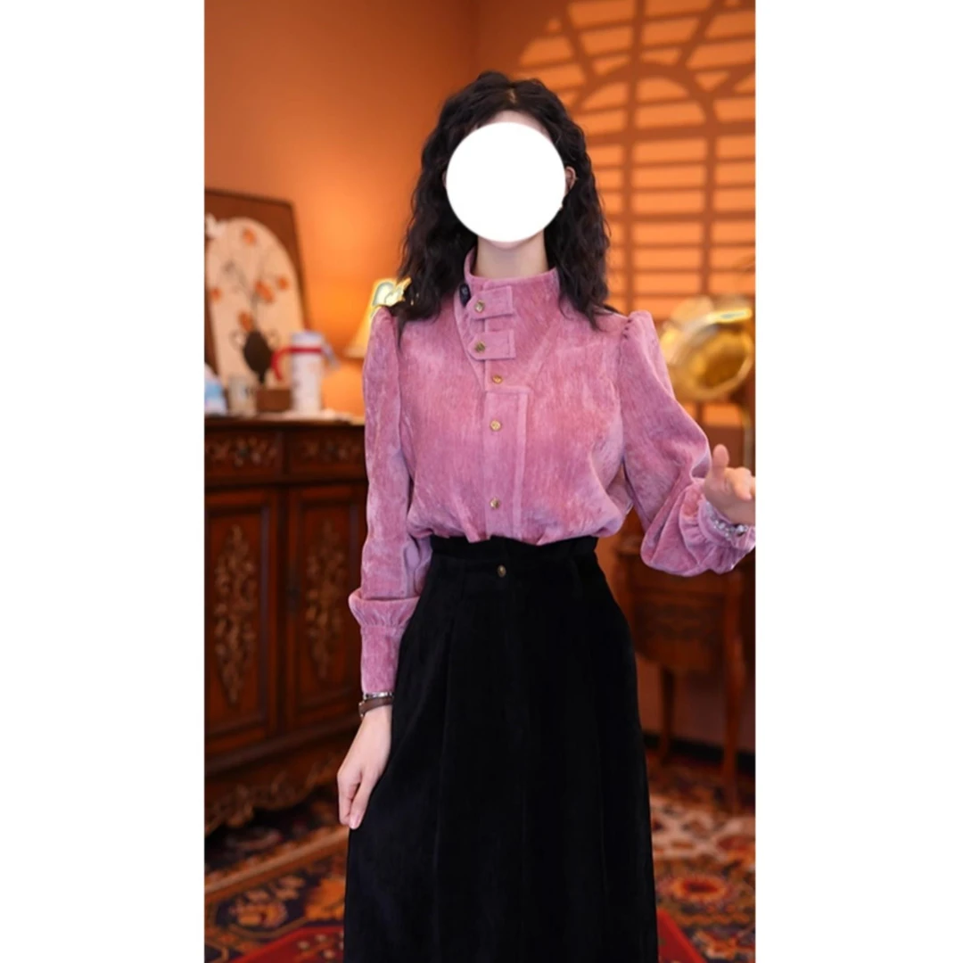 【豆沙甜心】2024冬款复古别致门襟加厚雪尼尔气质大气衬衫长袖衬衣