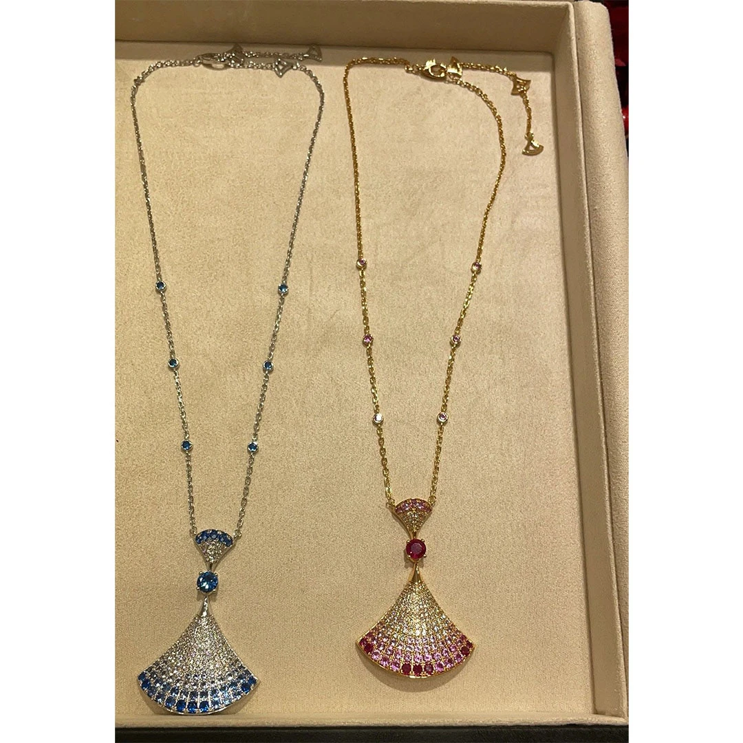 铜合金合成锆石项链 赵露思大号扇子长项链玫瑰金渐变粉钻扇形