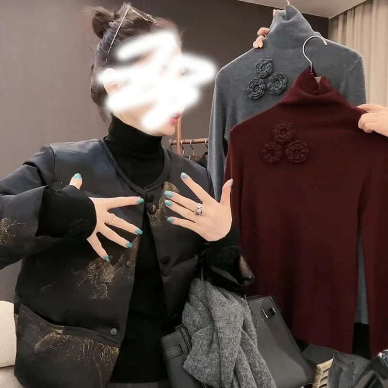 立体花朵设计感针织衫2025秋冬洋气修身毛衣高领打底舒适保暖上衣