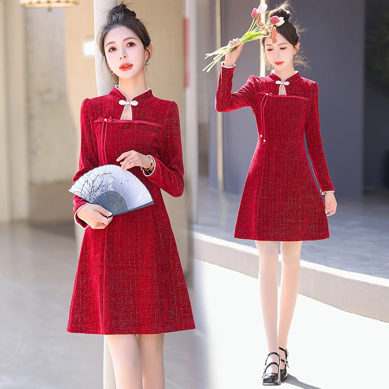复古气质盘扣收腰连衣裙红色裙子新中式国风显瘦小个子