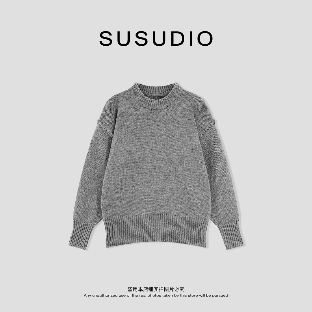 SUSUDIO 50羊毛 秋冬纯色高级颗粒感花纱色圆领套头毛衣 50201