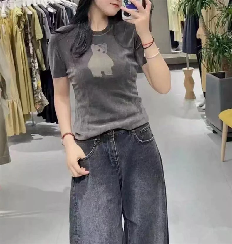 2025春夏新款显瘦印花植绒圆领小熊百搭短袖T恤女50811353