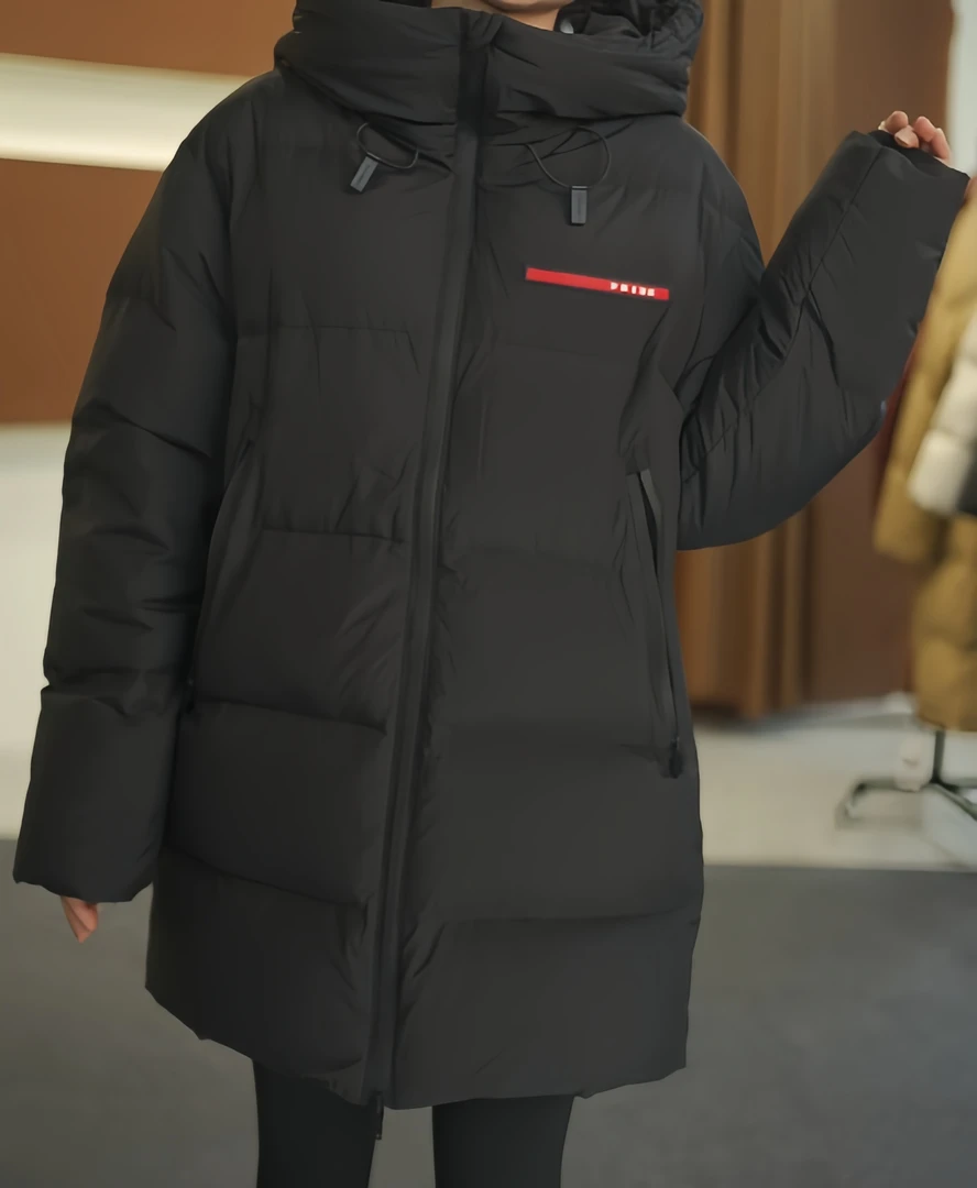 韩版潮流中长款连帽设计师加厚白鸭绒简约黑色女款秋冬羽绒服