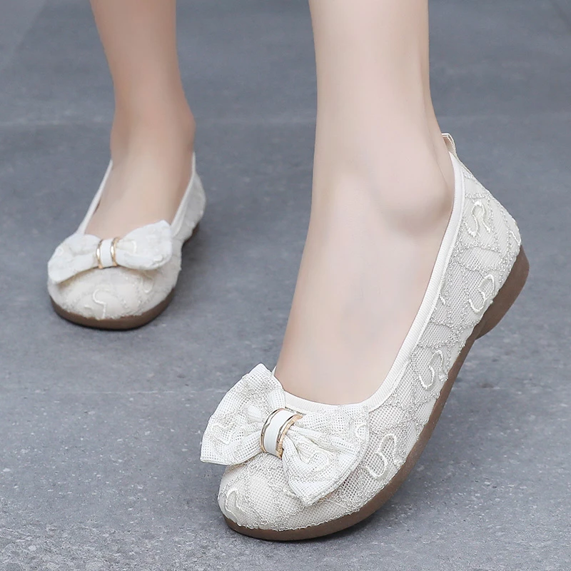 老北京布鞋女2025新款夏季透气蝴蝶结网面网鞋软底防滑平底豆豆鞋