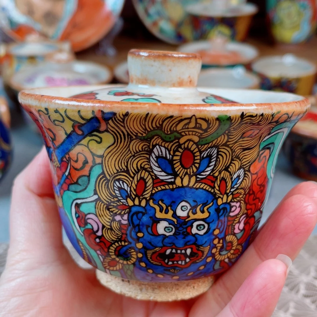 手绘不动明王盖碗