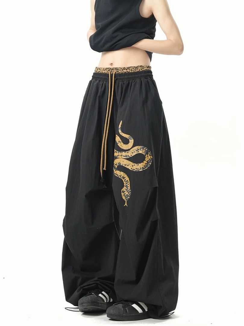 美式豹纹蛇弯刀伞兵裤女夏季潮牌hiphop嘻哈街舞阔腿休闲速干裤子