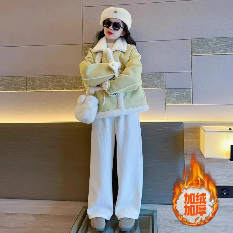 女童加绒外套秋冬款2025新款儿童洋气加厚皮毛一体冬季中大童上衣