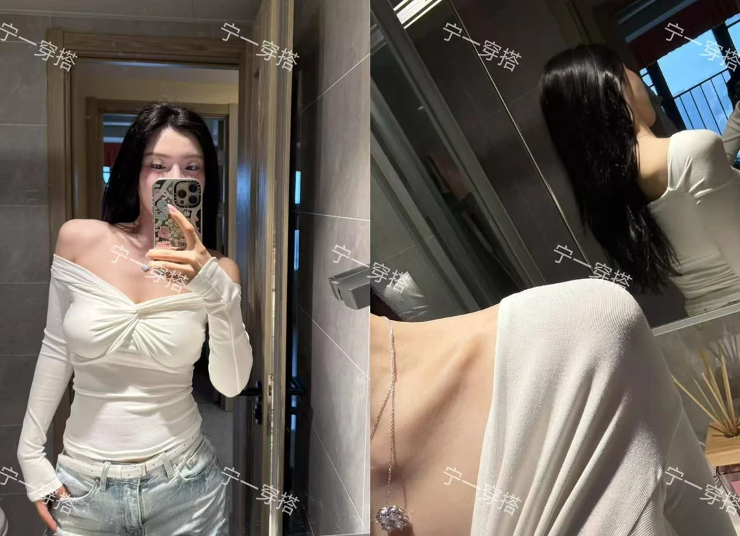 NY8029 【两穿】一字肩扭结长袖T辣妹打底衫修身显瘦宁一带胸垫上衣