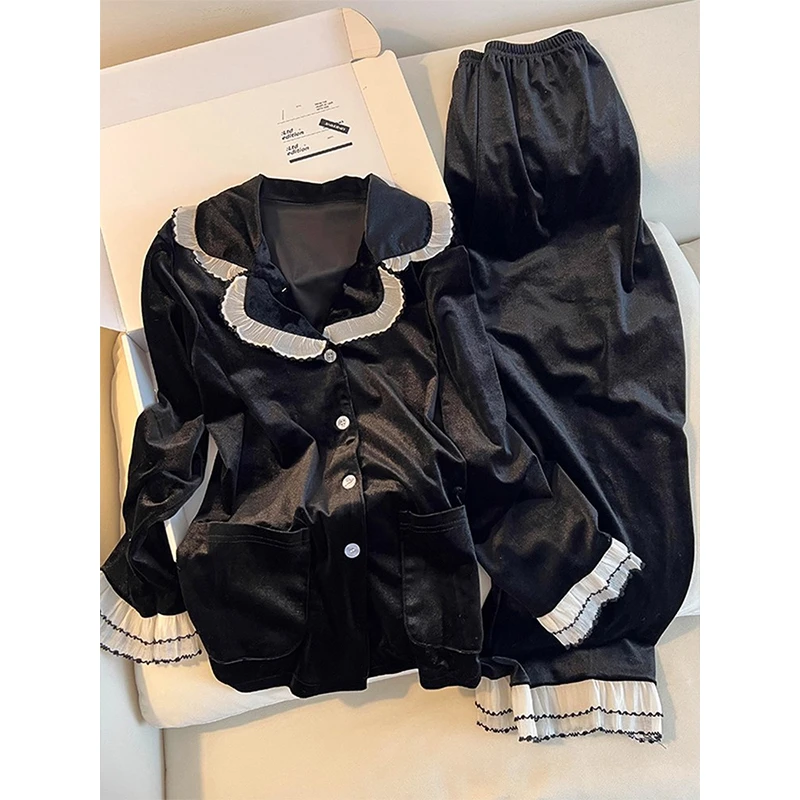 法式轻奢花边睡衣女秋冬季金丝绒长袖长裤木耳边拼接家居服可外穿