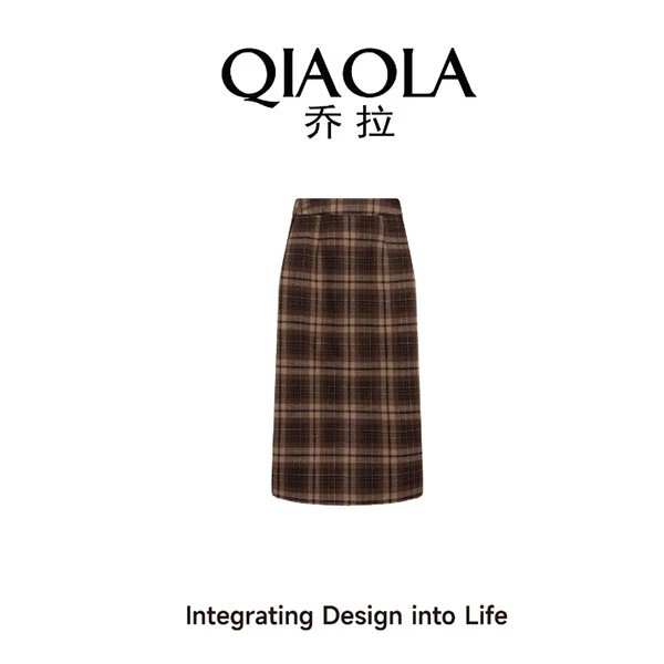 QIAOLA/乔拉【温柔絮语】秋季坑条针织方领毛呢格纹A版轻奢半裙预售