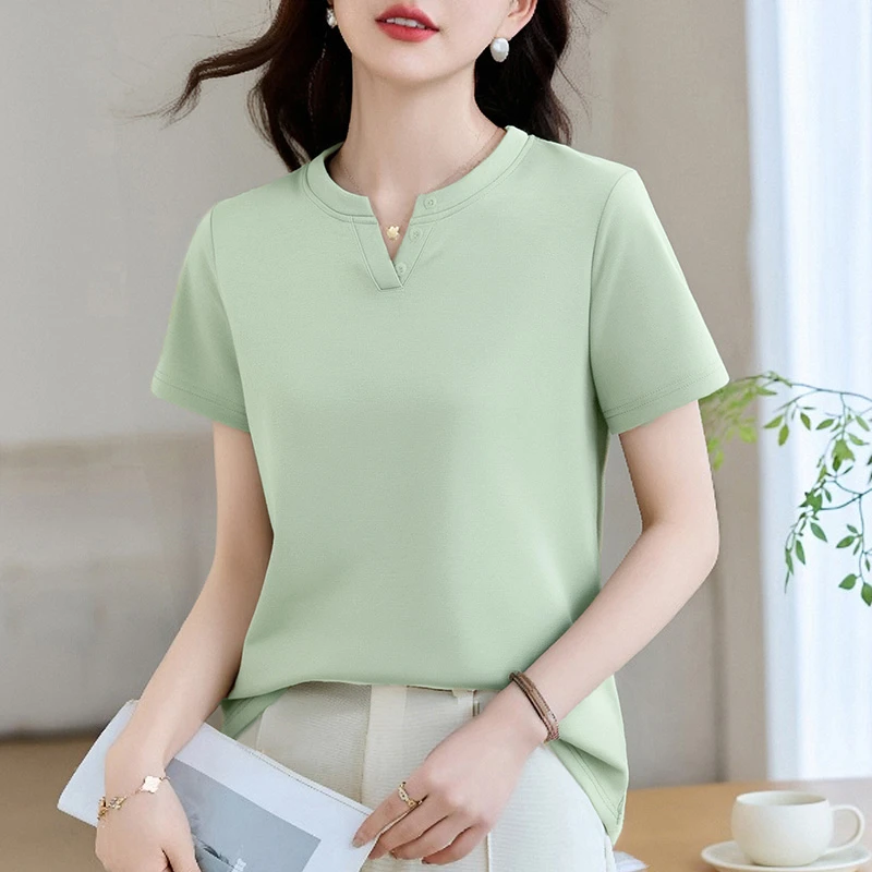 【90支新疆棉花】洋气短袖t恤正肩宽松遮肉夏季V领上衣休闲时尚女装