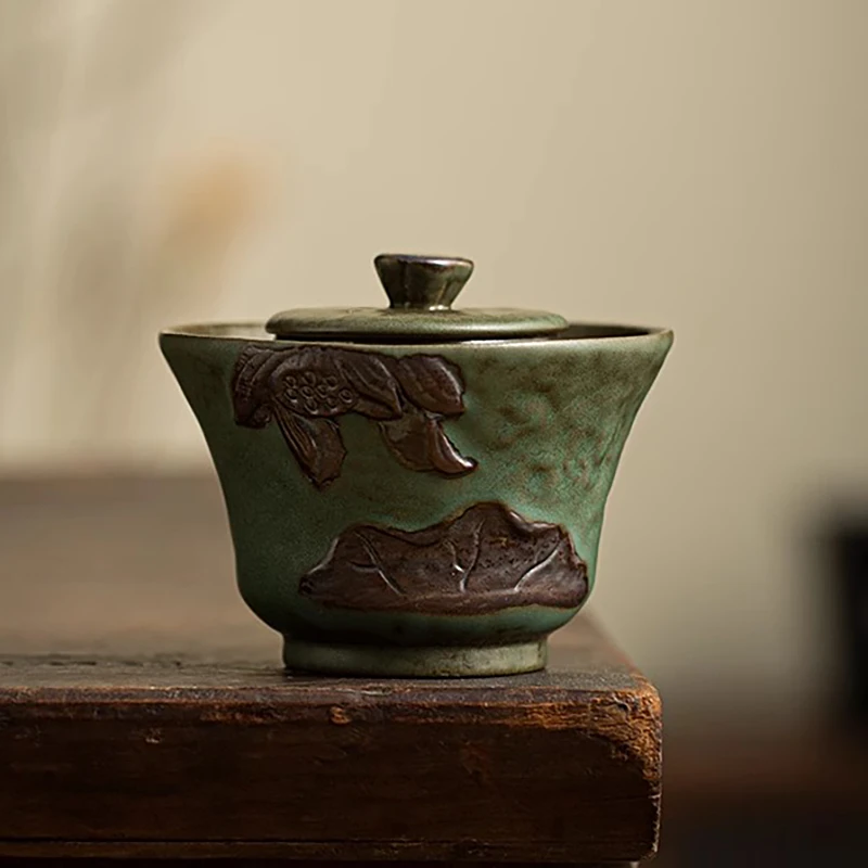 窑变青野莲花瓷盖碗手抓壶盖碗陶瓷家用复古功夫茶具泡茶碗敬茶杯
